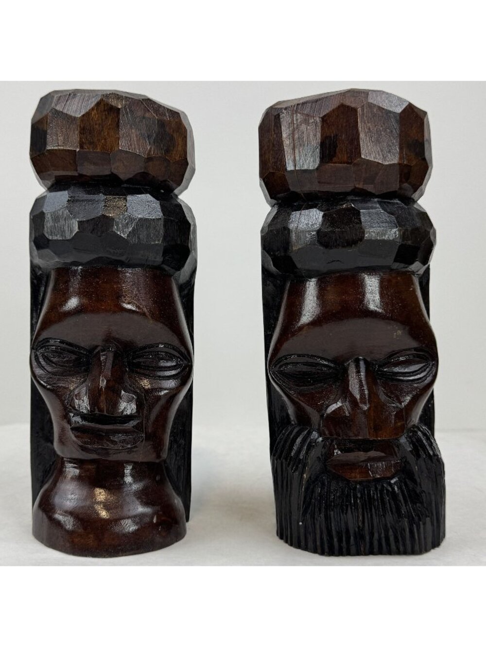 Vtg Hand-Carved Jamaican Wood Male Female Tiki Bust 8" Sculptures Rasta Totem
